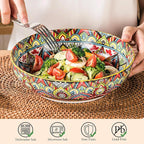 Henten Home Ceramic Pasta Bowls, 50 oz Soup Bowl Set of 2, Colorful Large Salad Bowls, Bohemia Style Serving Bowls Set for Noodles, Microwave & Dishwasher Safe (Set A)