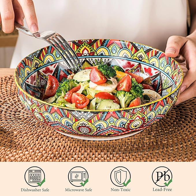 Henten Home Ceramic Pasta Bowls, 50 oz Soup Bowl Set of 2, Colorful Large Salad Bowls, Bohemia Style Serving Bowls Set for Noodles, Microwave & Dishwasher Safe (Set A)