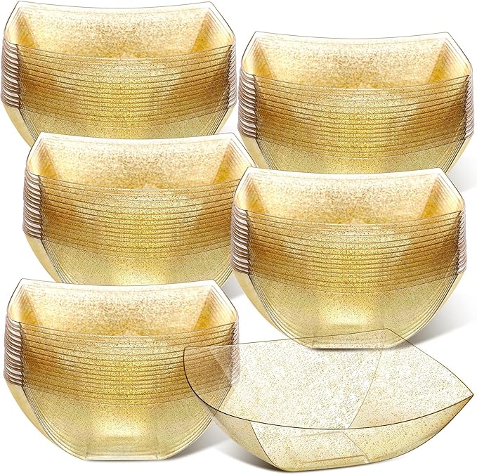 Tanlade 50 Pcs Gold Glitter Square Plastic Serving Bowls Disposable Snack Salad Bowl Small Party Candy Bar Containers Taco Bar Serving Dishes for Buffet Chips Fruit(32 oz)
