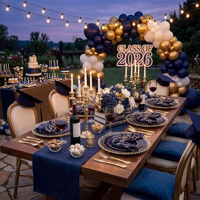 KIRE 210Pcs Navy Blue Plastic Plates - Blue and Gold Plates Disposable - 30guest Baroque Plastic Dinnerware for Upscale Wedding/Parties/Passover/Graduation