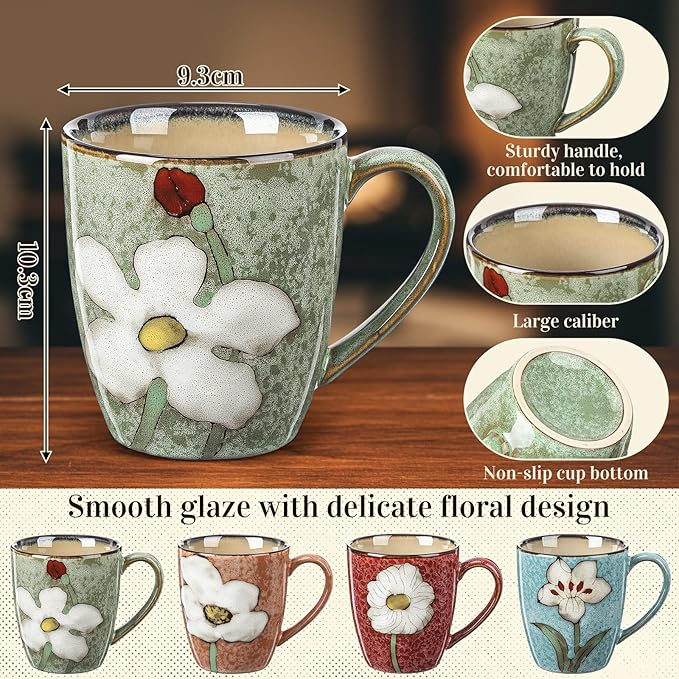 Maxdot 4 Pcs 12oz Ceramic Coffee Mugs Sets Glazing Process Cappuccino Mug Floral Ceramic Tea Cups Mother's Day Idea Gift for Women Mom Porcelain Cup for Coffee, Cocoa, Tea, Latte (Classic)