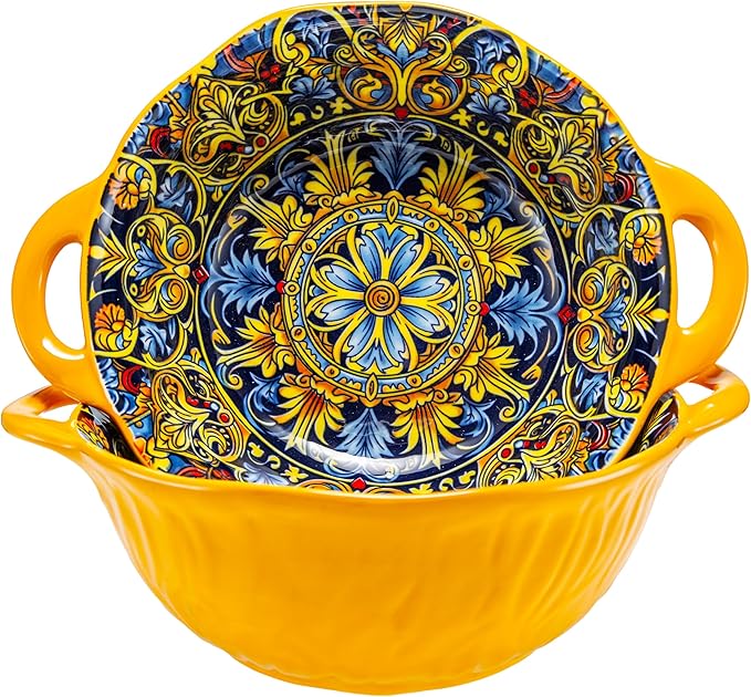 Boho Ceramic Serving Bowls with Handles Set of 2, Ceramic Large Serving Bowls, 40 Oz Porcelain Salad Bowls, Large Serving Dishes for Entertaining, Nesting Mixing Bowls for Soup,Stew,Fruits,Dinner