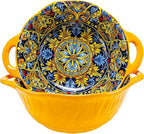 Boho Ceramic Serving Bowls with Handles Set of 2, Ceramic Large Serving Bowls, 40 Oz Porcelain Salad Bowls, Large Serving Dishes for Entertaining, Nesting Mixing Bowls for Soup,Stew,Fruits,Dinner