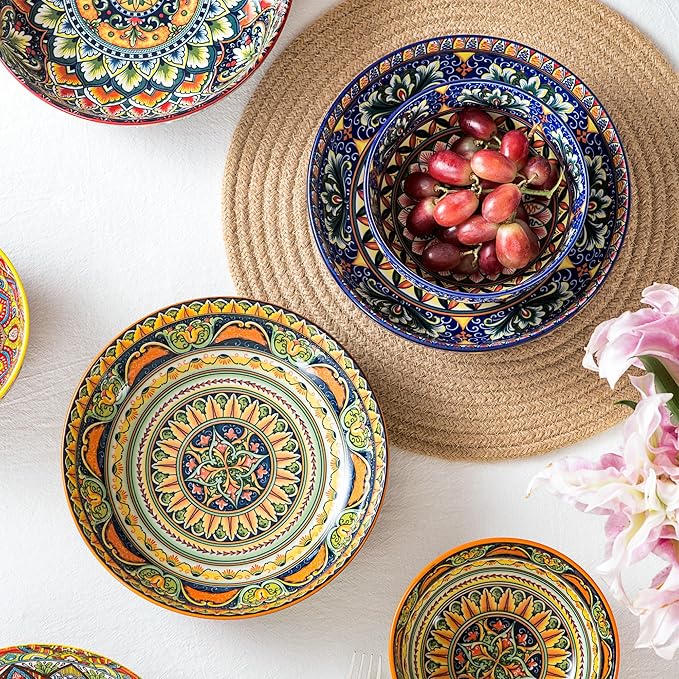 Henten Home Porcelain Pasta Bowls Set of 2, Ceramic 50 oz Soup Bowl, Colorful Large Salad Bowls, Bohemia Style Serving Bowls Set for Noodles, Microwave & Dishwasher Safe (B)
