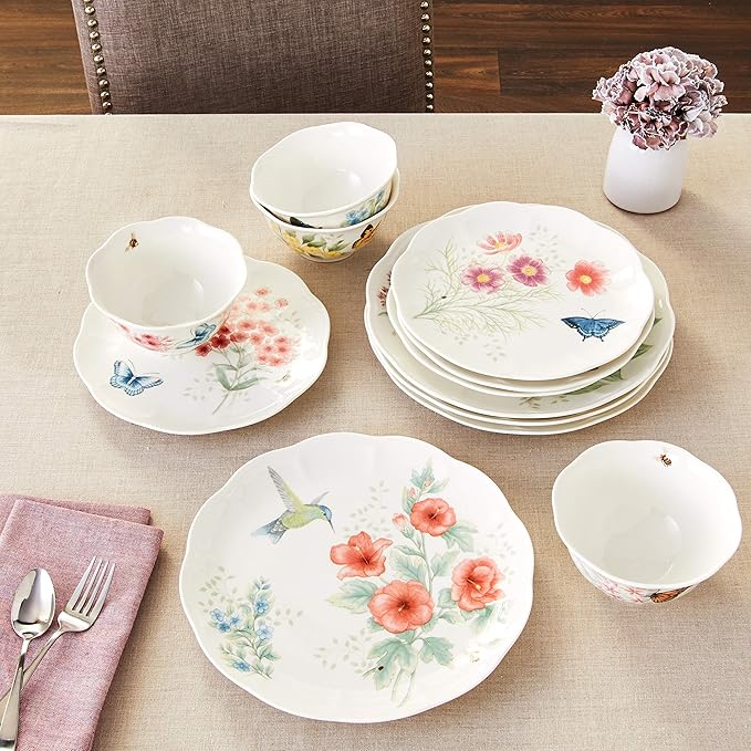 Lenox Dinnerware Set, Butterfly Meadow Flutter 12-Piece Set, Service For 4, Elegant White Porcelain, Dishwasher Safe, Chip Resistant, Plates And Bowls Sets, Home and Kitchen (Assorted, 12 Pieces)