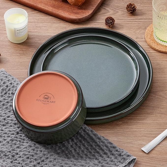 LIANYU Plates and Bowls Sets for 4, 12 Piece Stoneware Dinnerware Dishes Set, Ceramic Dinner Dishware for Pasta Dessert Cereal, Rustic Terracotta Bottom, Chip Resistant & Dishwasher Safe, Hunter Green
