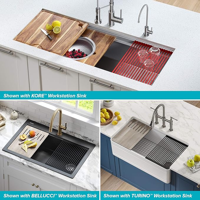 KRAUS Multipurpose Workstation Sink Roll-Up Dish Drying Rack, Colander and Trivet in Aqua, KRM-11AQ