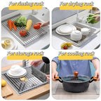 Roll Up Dish Drying Rack, 21.3" x 15.8" Over The Sink Dish Drying Rack, Kitchen Dish Rack Foldable Dish Drainer, Stainless Steel Dish Drying Rack for Kitchen Sink Counter Storage (Grey)