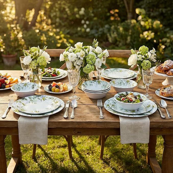 12-Piece Melamine Dinnerware Set - Shatterproof Plates and Bowls Sets for Everyday Dining,Elegant Lily Pattern Dish Set, Outdoor Picnics and RV Camping Green & White