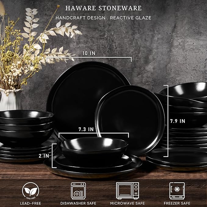 HaWare Plates and Bowls Set, Stoneware Dinnerware Sets, 18-Piece Hand-painted Dish Set for 6, Ceramic Dishware for Home Kitchen, Scratch Resistant, Microwave and Dishwasher Safe, Matte Black