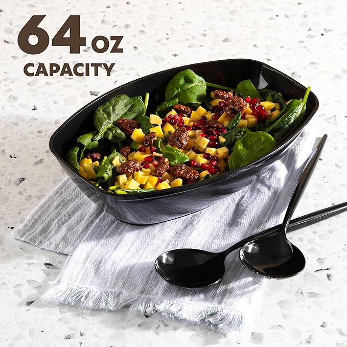 PLASTICPRO Disposable Oval Serving Bowls, Party Snack or Salad Bowl, 72-Ounce, Plastic (4, Black)