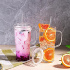 Glass Tumbler with Lids and Straws 2Pack 20oz Glass Cup with Handle-Wide Mouth Ice Coffee Cup Borosilicate Drinking Glasses for Smoothie Drinks