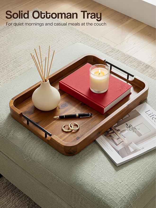 TIDITA Large Serving Tray with Handles - 20”x14” Rectangle Ottoman Tray, Wooden Tray for Ottoman, Wooden Ottoman Tray for Living Room - Decorative Trays for Coffee Table with Round Edge for Breakfast