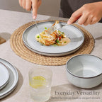 E-far Stoneware Dinnerware Sets for 8, 24 Pieces Reactive Glaze Plates and Bowls Sets, Elegant Dishes with Rustic Terracotta Clay Base, Dishwasher & Microwave Safe, Scratch Resistant, Glacier White