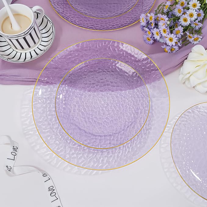 DaYammi 175PCS Clear Purple and Gold Plastic Dinnerware Set for Party, Hammered Disposable Plates for Party, Include: 25 Dinner Plates, 25 Dessert Plates, 75 Gold Silverware, 25 Napkins, 25 Cups