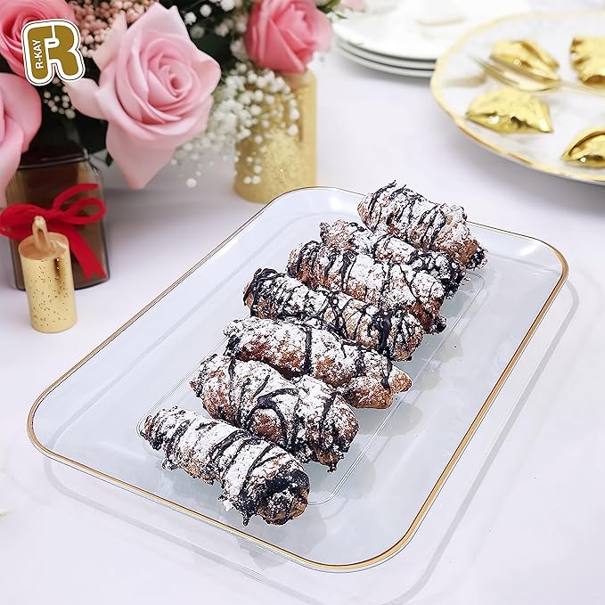 3 Pack Plastic Serving Trays for Party - Gold Serving Tray 8 x 11 Inch - Heavy Duty Dessert Trays for Food - Rectangular Party Serving Trays for Entertaining - Clear Cookie Platters