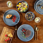 GBHOME 24-Piece Stoneware Dinnerware Set for 8 – Ribbed Ceramic Plates and Bowls, Scratch-Resistant, Microwave & Dishwasher Safe, Reactive Glaze, Ceylon Blue