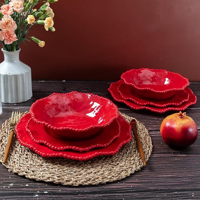 12 pcs Christmas Holiday Melamine Dinnerware Set, Ruffled Rim With Beaded Plates and Bowls Set of 4, Lightweight yet Durable Dishes tableware Set, Ideal for parties, camping, and RV trips