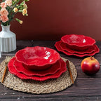 12 pcs Christmas Holiday Melamine Dinnerware Set, Ruffled Rim With Beaded Plates and Bowls Set of 4, Lightweight yet Durable Dishes tableware Set, Ideal for parties, camping, and RV trips
