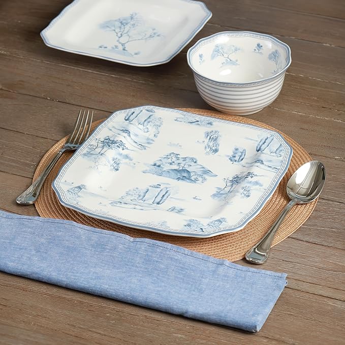 222 Fifth 12-Piece Porcelain Dinnerware Set for 4, Glossy White Plates and Bowls Set with Blue Decal, Elegant Square Ceramic Dish Set, Kitchen Tableware, Microwave & Dishwasher Safe, Scenic Toile
