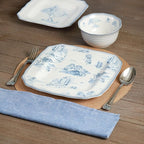 222 Fifth 12-Piece Porcelain Dinnerware Set for 4, Glossy White Plates and Bowls Set with Blue Decal, Elegant Square Ceramic Dish Set, Kitchen Tableware, Microwave & Dishwasher Safe, Scenic Toile