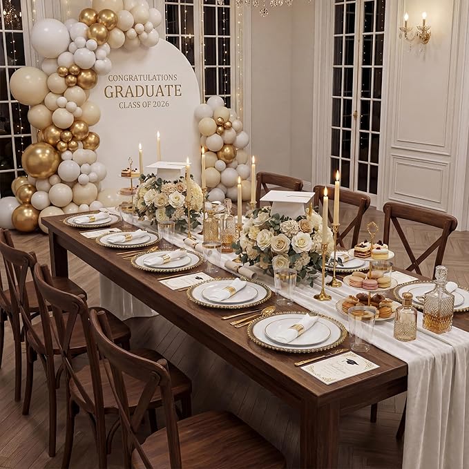 KIRE 175PCS Gold Plates Disposable - Heavy Duty White and Gold Plastic Plates Dinnerware Sets - 25 for Dinner 25 for Dessert 25 Pre Rolled Napkins and 25 Cups for Birthday/Ramadan/Wedding/Mother's Day