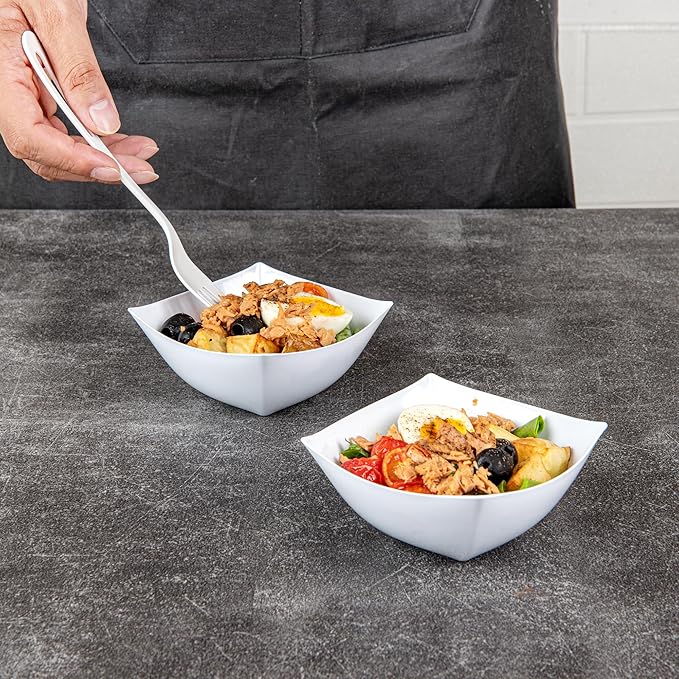 Restaurantware Moderna 8 Ounce Fancy Plastic Bowls 10 Square Disposable Salad Bowls - Durable Heavy-duty White Plastic Bowls For Warm And Cold Foods (Pack of 3)