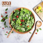 Luxe Designs Wooden Salad Bowl Set - Food Safe & Sustainable Decorative Bowl - Wood Bowl for Fruits, & Salads - Easy to Clean Large Salad Bowls Set w/Spoon, Fork – Wooden Bowls for Food