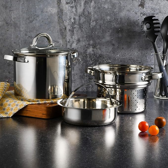 Oster Sangerfield 5-Quart Stainless Steel Pasta Pot Set with Steamer Basket and Lid – Durable Kitchen Cookware for Boiling and Steaming