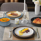 LIANYU Dinnerware Stoneware Sets with Pasta Bowls, 16 Piece Plates and Bowls Set for 4, Ribbed Dishes Set for Home, Microwave and Dishwasher Safe, Four-color