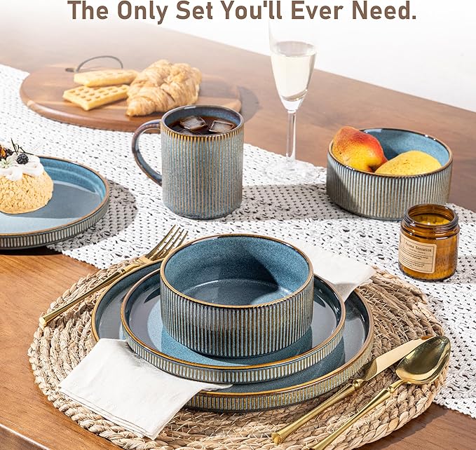 GBHOME 18-Piece Stoneware Dinnerware Set for 6 – Ribbed Ceramic Plates and Bowls, Scratch-Resistant, Microwave & Dishwasher Safe, Reactive Glaze, Reactive Glaze Teal