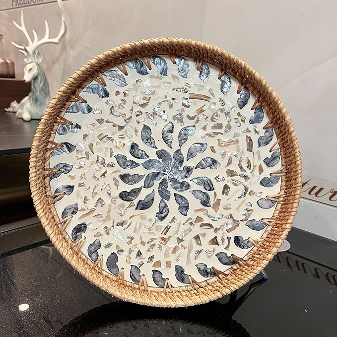 Terrekraft 14" Large Rattan Serving Tray with Mother of Pearl, Round Coffee Table Tray Decor, Boho Decorative Hand-Woven Wicker Home Decor (Lucky Flower)