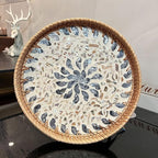 Terrekraft 14" Large Rattan Serving Tray with Mother of Pearl, Round Coffee Table Tray Decor, Boho Decorative Hand-Woven Wicker Home Decor (Lucky Flower)