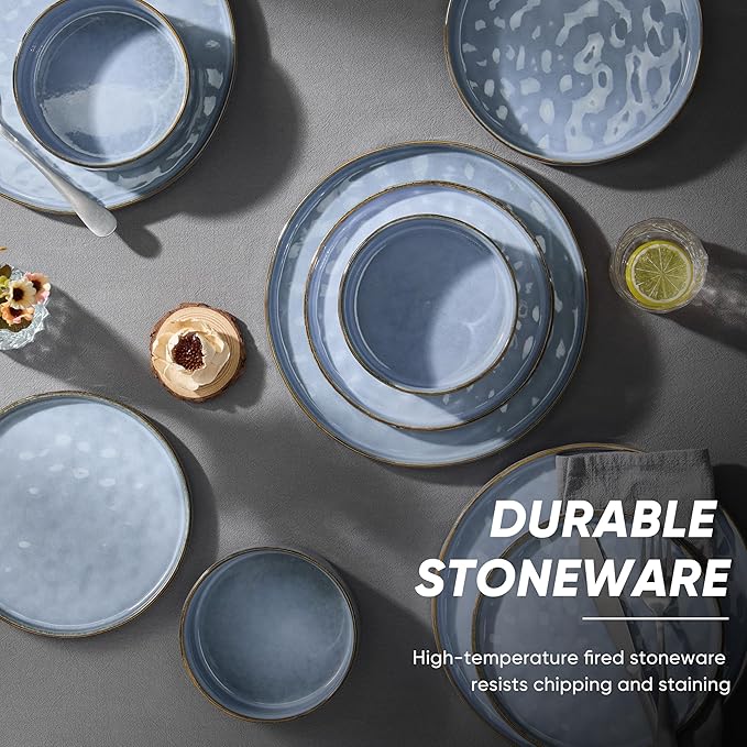 E-far 16-Piece Plates and Bowls Sets with Pasta Bowls - Stoneware Dinnerware Set for 4, Modern Ribbed Dishes, Microwave & Dishwasher Safe, Reactive Blue