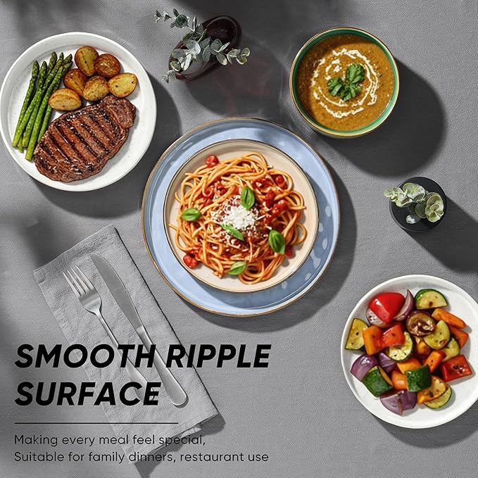E-far 16-Piece Plates and Bowls Sets with Pasta Bowls - Stoneware Dinnerware Set for 4, Modern Ribbed Dishes, Microwave & Dishwasher Safe, Multicolor