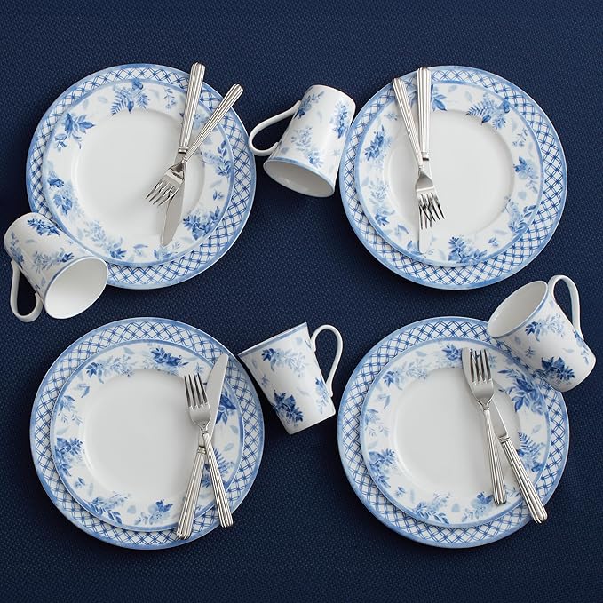 Mikasa Kiley Bone China Lightweight Chip Resistant 16 Piece Dinnerware Set, Service for 4,Blue and White