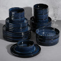 E-far 24-Piece Plates and Bowls Sets with Pasta Bowls - Stoneware Dinnerware Set for 6, Modern Ribbed Dishes, Microwave & Dishwasher Safe, Starry Blue