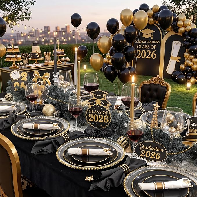 KIRE 175Pcs Black Plates Disposable - Heavy Duty Black and Gold Plastic Plates- 25 for Dinner 25 for Dessert 25 Pre Rolled Gold Silverware and 25 Cups for Graduation/Birthday Party/Wedding