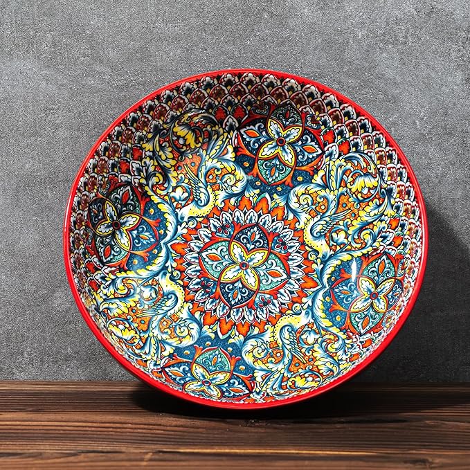 Boho Large Serving Bowls, 10.2 Inch Fruit Salad Bowls, Decorative Serving Dishes for Entertaining, 80 OZ Pasta Bowls Set of 2, Vibrant Colorful Soup Bowls for Party, Home Decor, Bohemian Style Gift