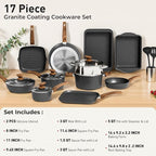 DishDelight 17Pcs Pots and Pans Set Non Stick, Granite Kitchen Cookware Sets, Induction Cooking Pan Set, Black