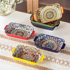 Henten Home Porcelain Rectangular Bowls with Handle - 20 oz Ceramic Pasta Bowls Set of 6, Colorful Bohemian Style Serving Dishes for Salad, Risotto, Oven,Microwave & Dishwasher Safe