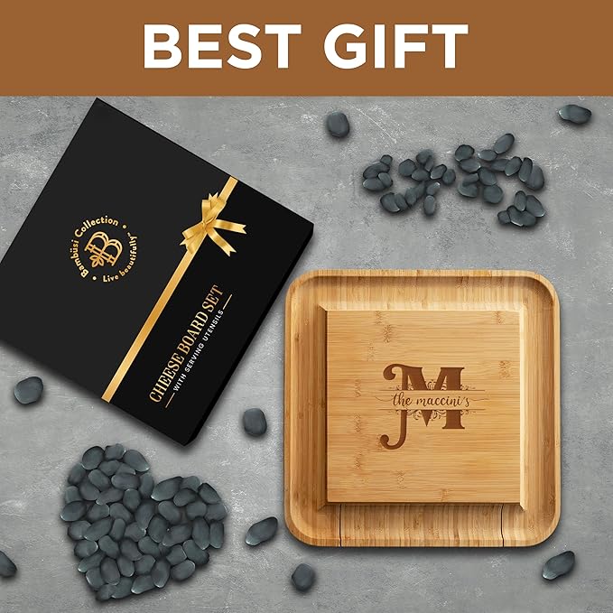 Personalized Charcuterie Board Gift Set - Custom Engraved Bamboo Cheese Board, Wedding Gift for Couple Anniversary, Housewarming, Engagement Bridal Shower, Birthday Gift for Her Him Parents Newlyweds