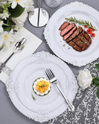 Nervure 350PCS Silver Plastic Dinnerware - White and Silver Disposable Plates for 50 Guests - 100 Disposable Plates, 150 Plastic Silverware, 50 Cups, 50 Napkins for Wedding & Party