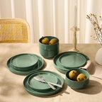 Vase and Vessel Ceramic Dinnerware Set, 12-Piece Service for 4, Round, Microwave and Dishwasher Safe, Cambridge Classics (Dusty Jade)