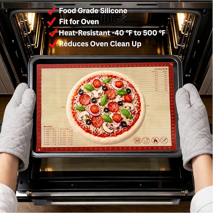 Silicone Pastry Mat with Measurements, 28 x 20 Inch Extra Thick Non-Slip Nonstick XL Baking Mat for Dough Rolling, Kneading, Fondant and Pie, Red