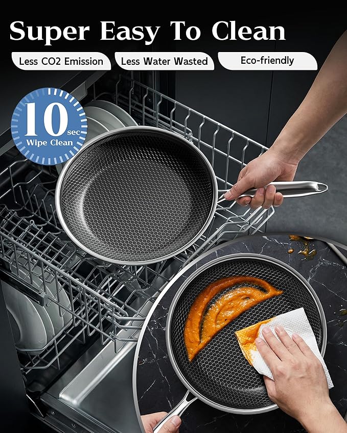 Honeycomb Stainless Steel Nonstick Frying Pan with Lid 12 Inch, Induction Cooktop Compatible Skillet, PFOA-Free Scratch-Proof, Dishwasher & Oven Safe, Stay-Cool Handle, Silver Kitchen Cookware