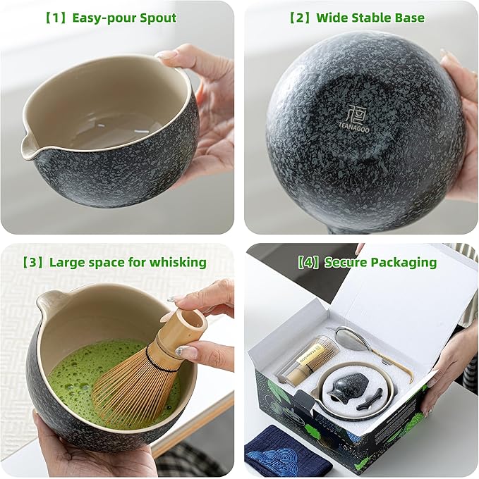 TEANAGOO Matcha Whisk Set Black,7 Pcs Matcha Set,Matcha Kit for Ceremony,Tradition Tea Set for Making Breakfast/Latte,Matcha Whisk Set with Bowl(Chawan)/Whisk and Holder,Gift for Family/Friend
