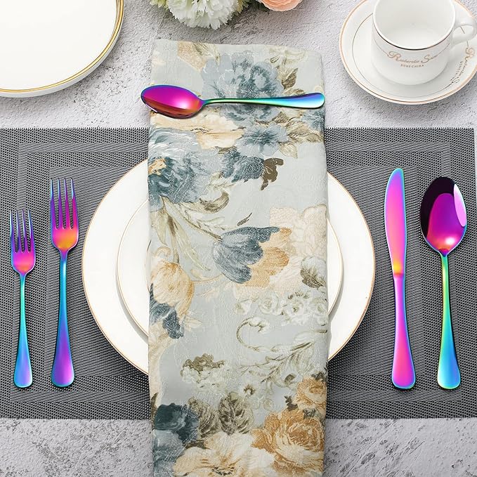 Rainbow Silverware Flatware Set for 8, 40 piece Stainless Steel Colorful Cutlery With Titanium Plated, Tableware Kitchen Eating Utensil Set Include Knife/Fork/Spoon, Mirror Polished, Dishwasher Safe
