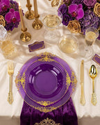 Nervure 350PCS Purple Plastic Plates - Disposable Purple Gold Party Plates & Pre Rolled Napkins with Cutlery for 50 Guests, 100Plates, 150 Silverware, 50 Cups, 50 Napkin for Wedding & Party & Bridal
