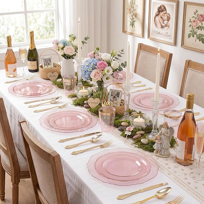 KIRE 210Pcs Clear Pink Plastic Plates with Gold Rim - Disposable Pink Plates&Silverware&Pink Cups&Hand Napkin - Plum Colored Plastic Dinnerware for Upscale Wedding/Party/Baby Shower/Mother's Day